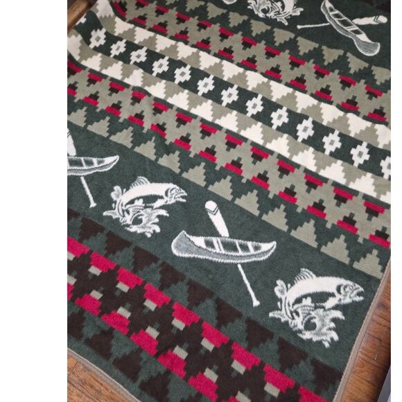 Cabin Fever Blanket Fleece Fishing Aztec Canoe Green Cabincore Red 75"x60" - Picture 1 of 5